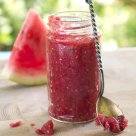 Fruit jam in glass jar, selective focus